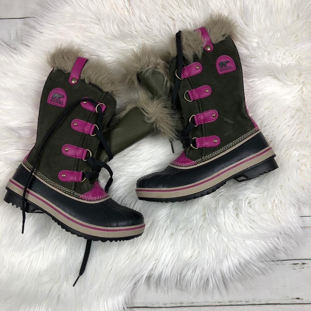 Sorel Kids Olive and Pink Faux-Fur Winter Boots